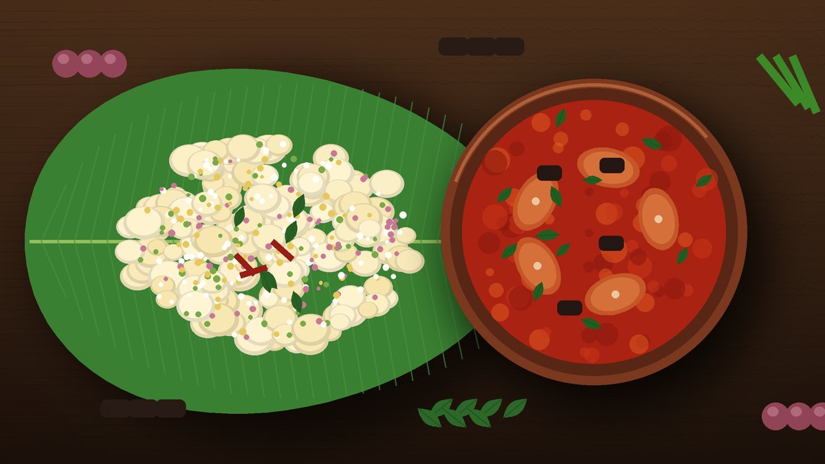 Illustration of mashed kappa with coconut on a banana leaf beside a clay pot of red Kerala fish curry with kudampuli