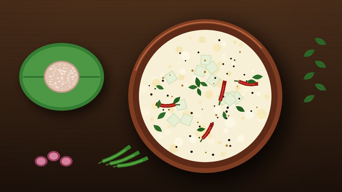 Illustration of a clay pot of creamy Kerala moru curry with ash gourd cubes, mustard seeds, dried red chillies and curry leaves, beside a banana leaf with matta rice, shallots and green chillies